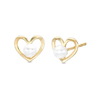 Freshwater Cultured Pearl Center Heart Earrings in 10K Hollow Gold