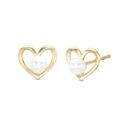 Freshwater Cultured Pearl Center Heart Earrings in 10K Hollow Gold
