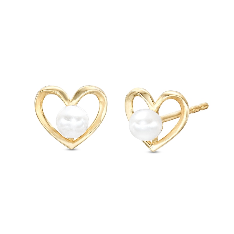 Freshwater Cultured Pearl Center Heart Earrings in 10K Hollow Gold