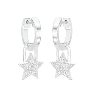 Sterling Silver 1/20 CT. T.W. Diamond Star Dangle Huggie Hoops