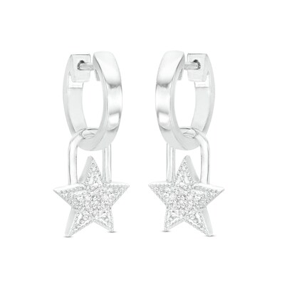 Sterling Silver 1/20 CT. T.W. Diamond Star Dangle Huggie Hoops
