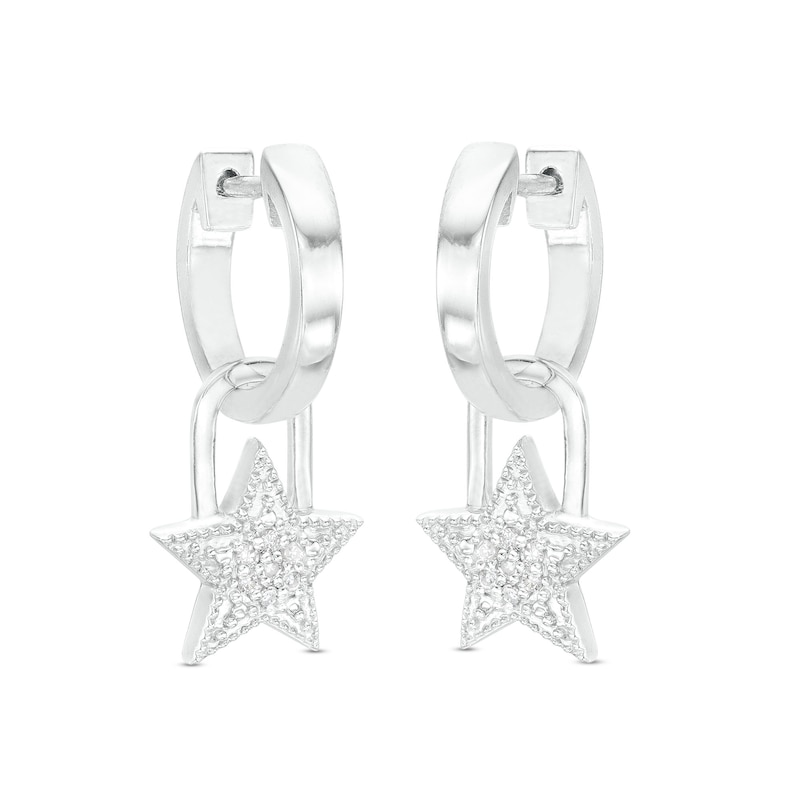 Sterling Silver 1/20 CT. T.W. Diamond Star Dangle Huggie Hoops