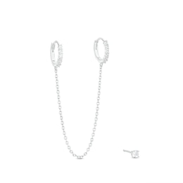 Cubic Zirconia Double Chain Huggie Hoop and Stud Earring Set in Solid Sterling Silver