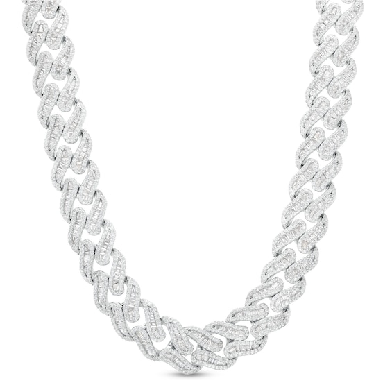 12mm Cubic Zirconia Baguette Cuban Chain Necklace in Solid Sterling Silver - 20"