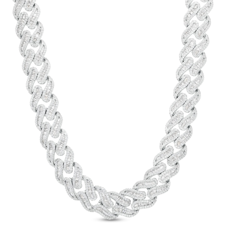 12mm Cubic Zirconia Baguette Cuban Chain Necklace in Solid Sterling Silver - 20"