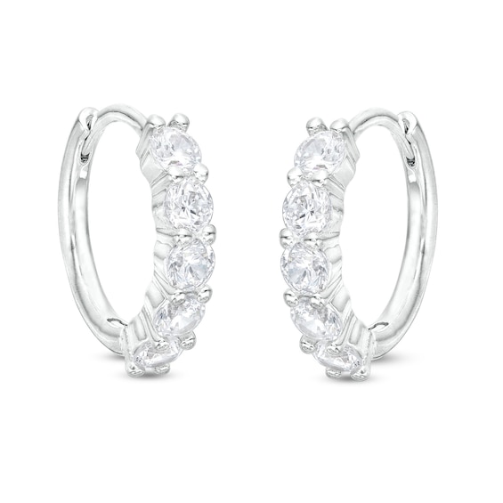 Cubic Zirconia Round Five Row Huggie Hoop Earrings in Solid Sterling Silver