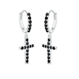 Black Cubic Zirconia Cross Huggie Hoop Earrings in Solid Sterling Silver