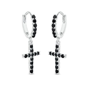 Black Cubic Zirconia Cross Huggie Hoop Earrings in Solid Sterling Silver 