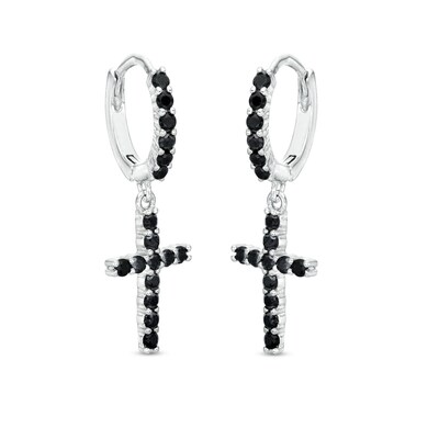 Black Cubic Zirconia Cross Huggie Hoop Earrings in Solid Sterling Silver 