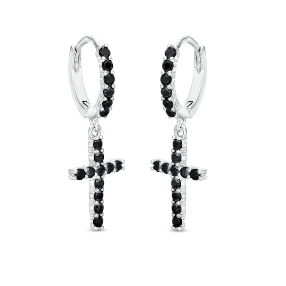 Black Cubic Zirconia Cross Huggie Hoop Earrings in Solid Sterling Silver 