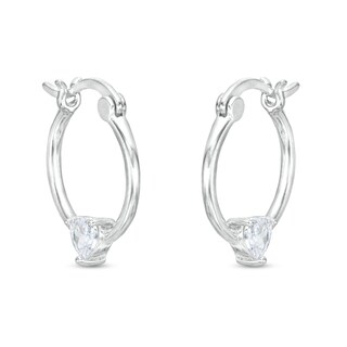 Solid Sterling Silver 4mm CZ Heart Station Hoop Earrings