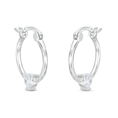 Solid Sterling Silver 4mm CZ Heart Station Hoop Earrings