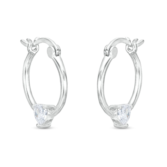 Solid Sterling Silver 4mm CZ Heart Station Hoop Earrings
