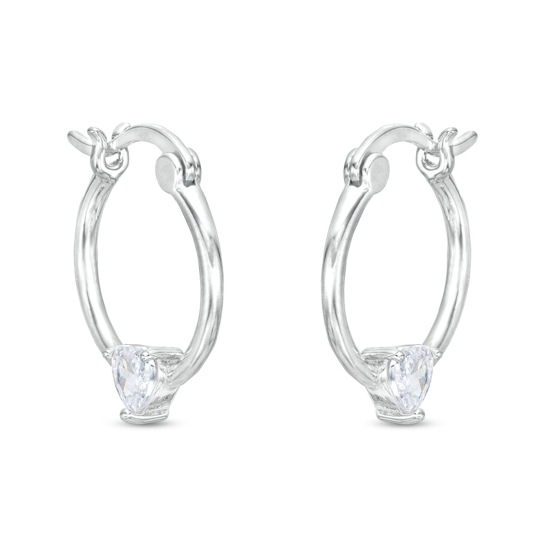 Cubic Zirconia 18mm Heart Station Hoop Earring Solid Sterling Silver