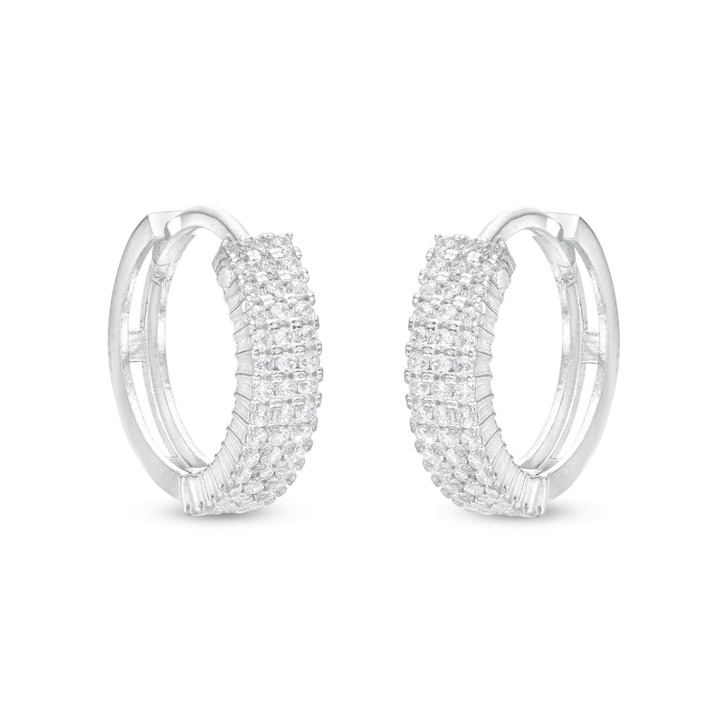 Cubic Zirconia Three Row Pavé Huggie Hoop Earrings in Solid Sterling Silver