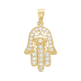 Cubic Zirconia Small Filigree Hamsa Necklace Charm in 10K Gold
