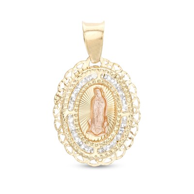 Cubic Zirconia Our Lady of Guadalupe Oval Medallion Necklace Charm in 10K Semi-Solid Two-Tone Gold