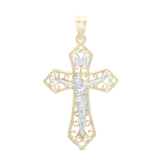 Filigree Crucifix Necklace Charm in 10K Two-Tone Gold