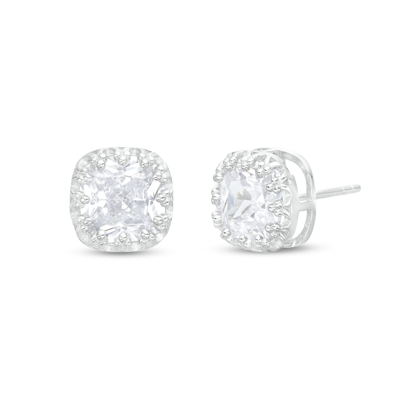​​​​​​​Cubic Zirconia Crown Setting Square Stud Earrings in Solid Sterling Silver - XL Posts