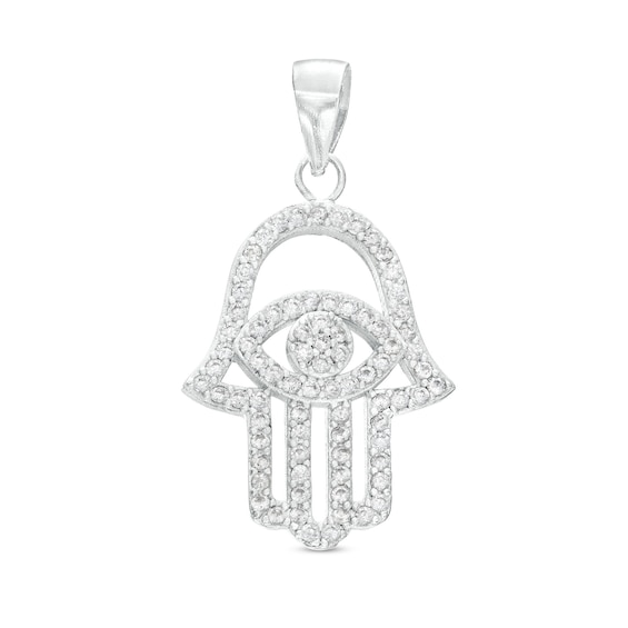 Cubic Zirconia Medium Hamsa Necklace Charm in Sterling Silver