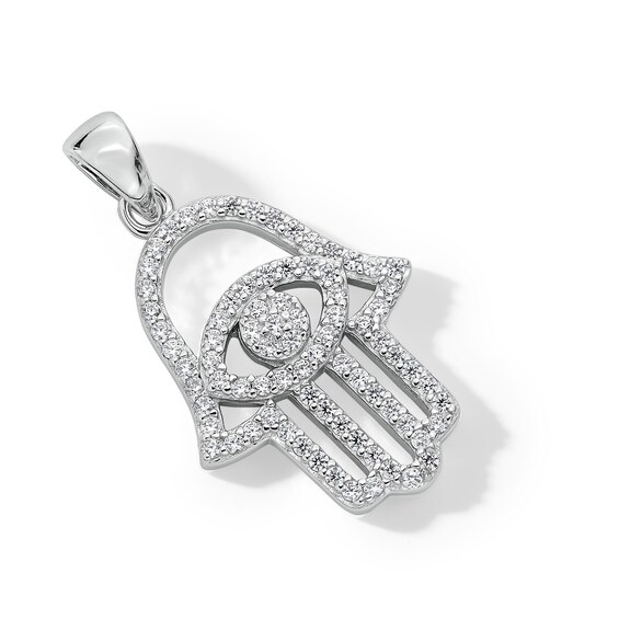 Solid Sterling Silver CZ Medium Hamsa Necklace Charm