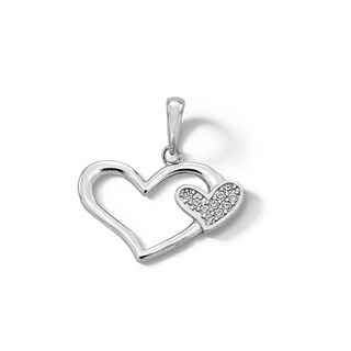 Cubic Zirconia Big and Little Heart Necklace Charm in Sterling Silver
