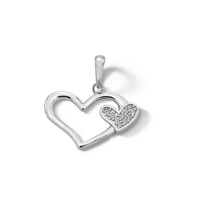 Cubic Zirconia Big and Little Heart Necklace Charm in Sterling Silver