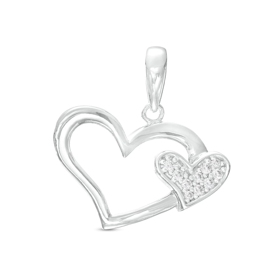 Cubic Zirconia Big and Little Heart Necklace Charm in Sterling Silver