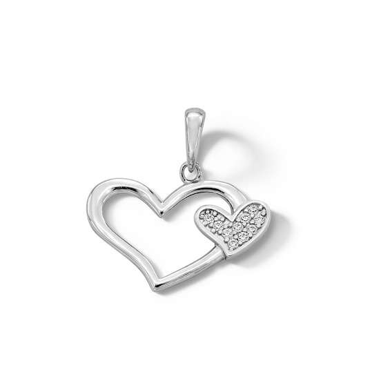 Cubic Zirconia Big and Little Heart Necklace Charm in Sterling Silver