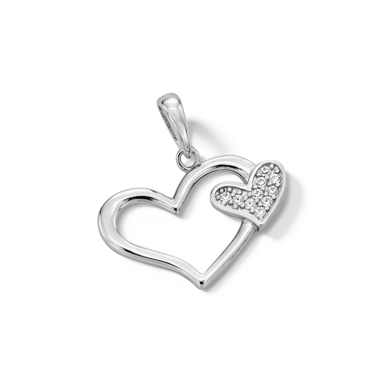 Main Image 3 of Cubic Zirconia Big and Little Heart Necklace Charm in Sterling Silver