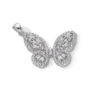 Solid Sterling Silver CZ Baguette and Round Medium Butterfly Necklace Charm