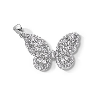 Solid Sterling Silver CZ Baguette and Round Medium Butterfly Necklace Charm