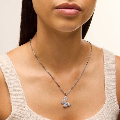 Solid Sterling Silver CZ Baguette and Round Medium Butterfly Necklace Charm