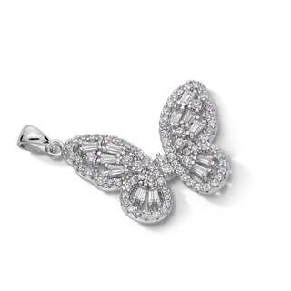 Solid Sterling Silver CZ Baguette and Round Medium Butterfly Necklace Charm