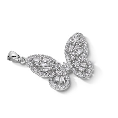 Solid Sterling Silver CZ Baguette and Round Medium Butterfly Necklace Charm