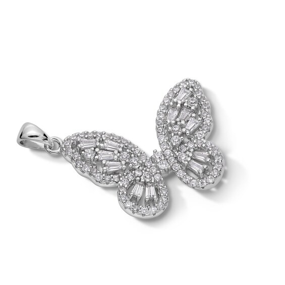 Solid Sterling Silver CZ Baguette and Round Medium Butterfly Necklace Charm