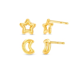 Polished Moon and Star Stud Earrings Set in 10K Solid Gold