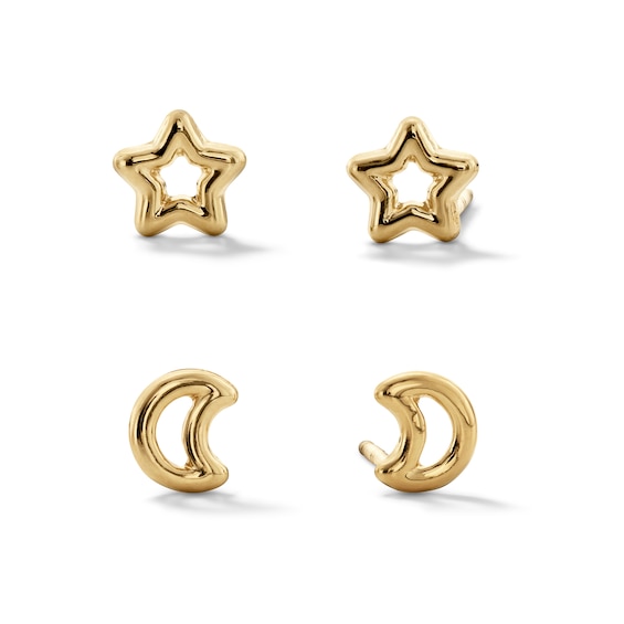 Polished Moon and Star Stud Earrings Set in 10K Solid Gold