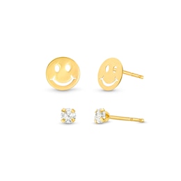 Cubic Zirconia and Smile Stud Earrings Set in 10K Solid Gold