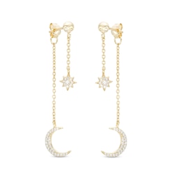 Cubic Zirconia Star and Moon Double Dangle Drop Earrings in Solid Sterling Silver with 18K Gold Plate
