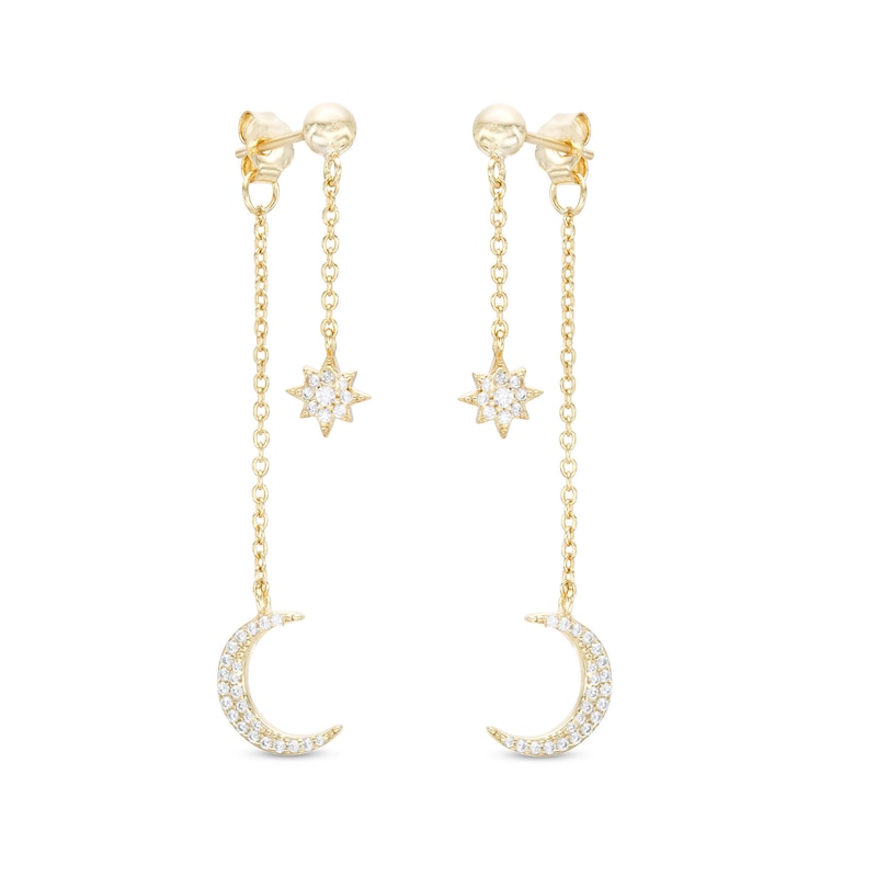 Cubic Zirconia Star and Moon Double Dangle Drop Earrings in Solid ...