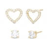 4mm Cubic Zirconia Solitaire and Heart Outline Stud Earrings set in Sterling Silver with 18K Gold Plate