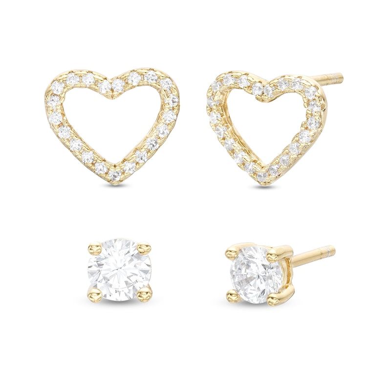 4mm Cubic Zirconia Solitaire and Heart Outline Stud Earrings set in Sterling Silver with 18K Gold Plate