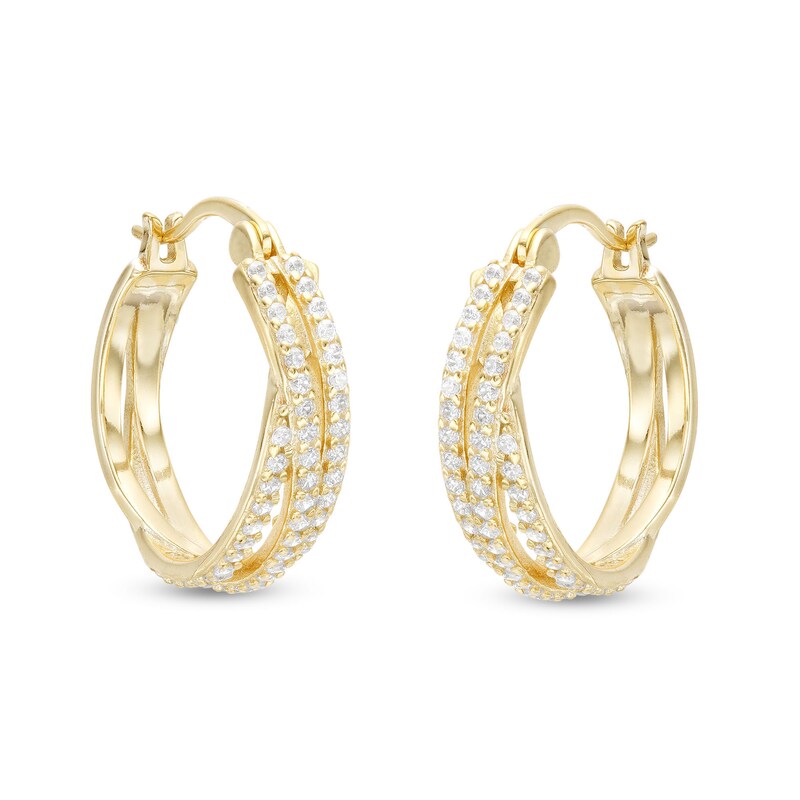 Cubic Zirconia Multi-Row Overlay Hoop Earrings in Solid Sterling Silver with 18K Gold Plate