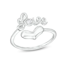 Cubic Zirconia Love Heart Adjustable Ring in Solid Sterling Silver - Size 7