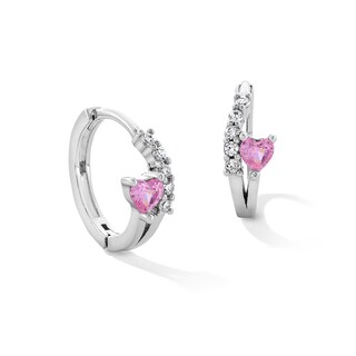 ​​​​​​​Cubic Zirconia Pink Heart Huggie Hoop Earrings in Solid Sterling Silver