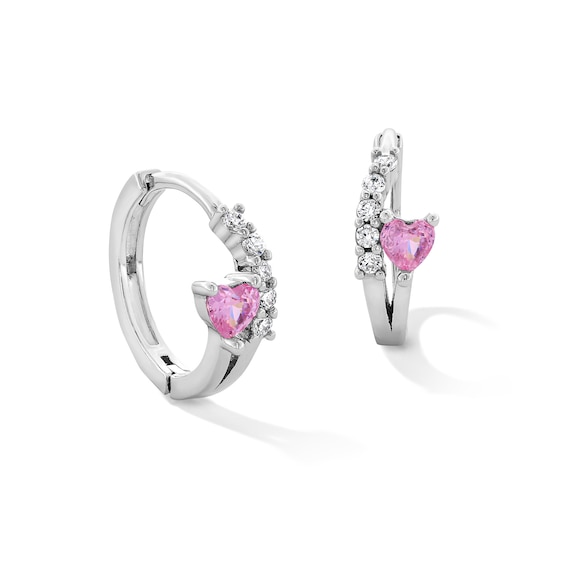 ​​​​​​​Cubic Zirconia Pink Heart Huggie Hoop Earrings in Solid Sterling Silver