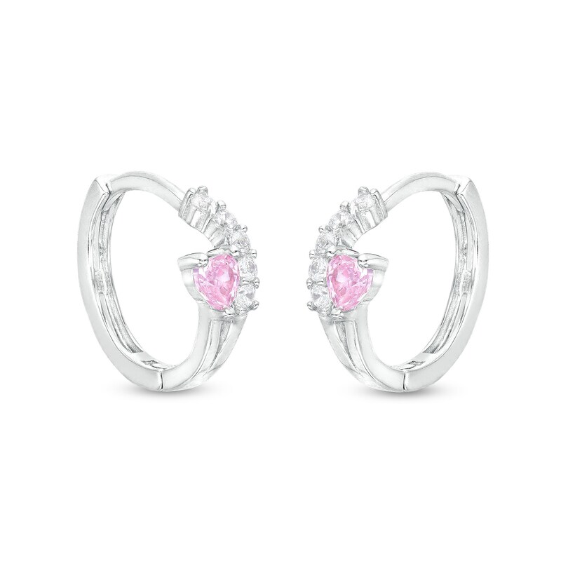 Cubic Zirconia Pink Heart Huggie Hoop Earrings in Solid Sterling Silver
