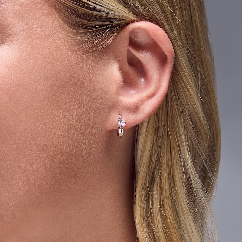Main Image 2 of ​​​​​​​Cubic Zirconia Pink Heart Huggie Hoop Earrings in Solid Sterling Silver