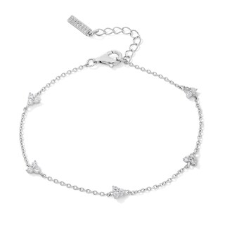 Solid Sterling Silver CZ Trio Station Bracelet - 6.5" + 1"